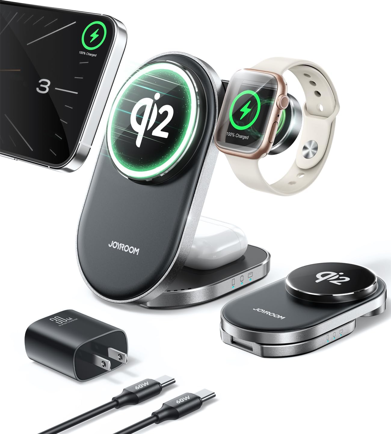 3 in 1 Wireless Charging Station,JOYROOM 15W Fast Wireless Charger Stand for iPhone 16/15/14/13, Apple Watch, AirPods, Magnetic Foldable for MagSafe Charger for Multiple Devices (with 30w Adapter)
