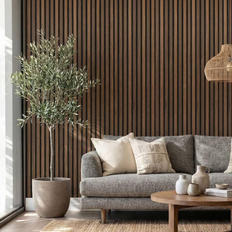 DECOON Panneau tasseaux bois 250 x 30 x 1cm - Lamelles chêne foncé véritable fond noir - 0,75m²