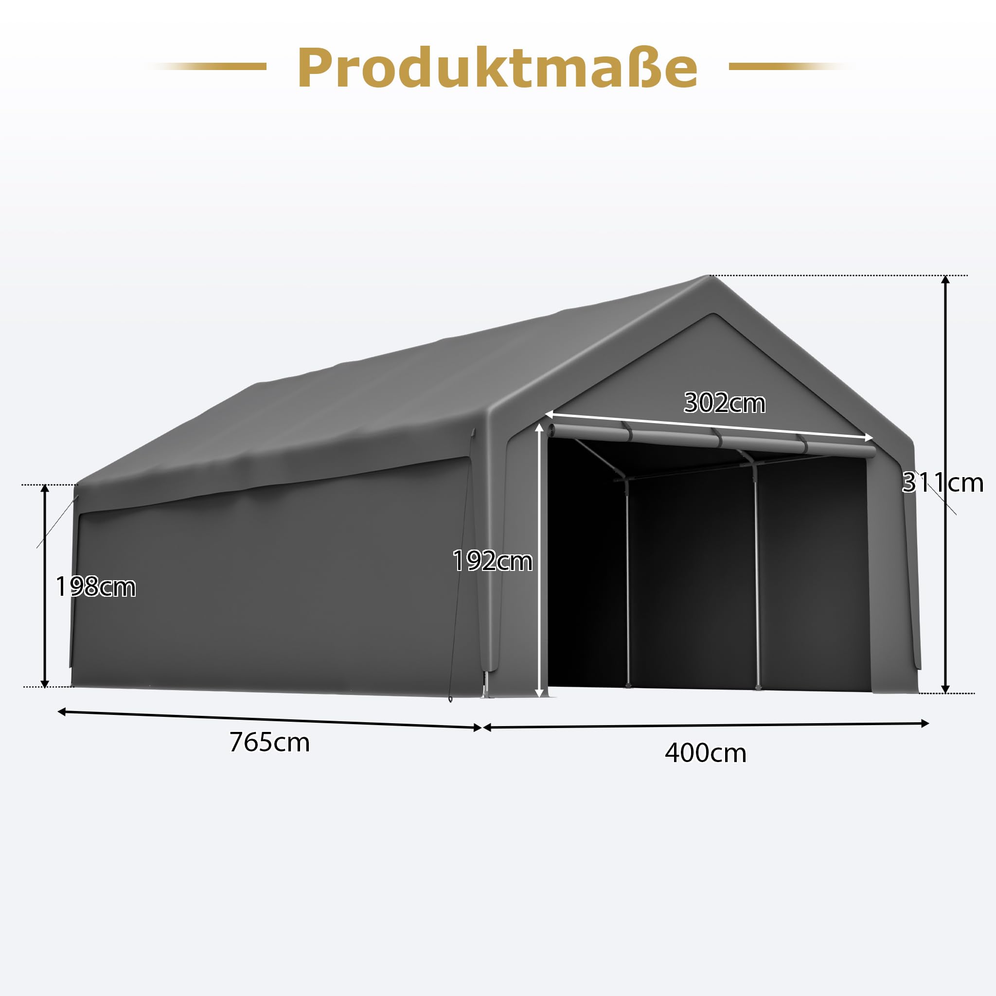 Carport pour charges lourdes, imperméable, galvanisé, 396 x 762 cm, 8 pieds