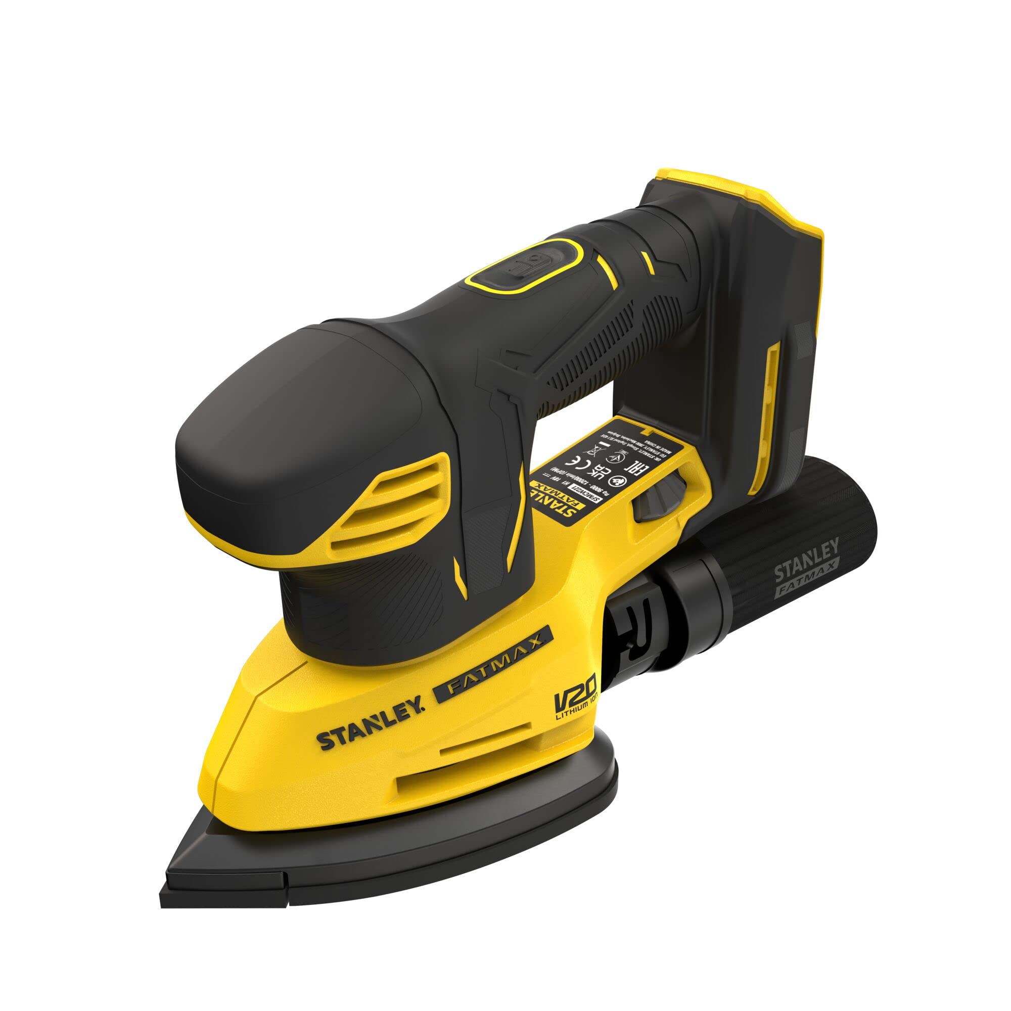 Lijadora de Detalles V20 Li-Ion 18V, velocidad variable 9.000-12.000 opm, tamaño base 110mm/cm², conexión para aspiradores.