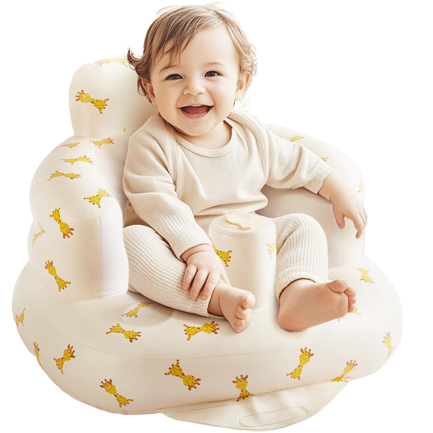 Silla inflable portátil para bebés de 3 a 36 meses con bomba de aire incorporada, ideal para aprender a sentarse y comer, ideal para bebés y niños pequeños (talla L, jirafas)