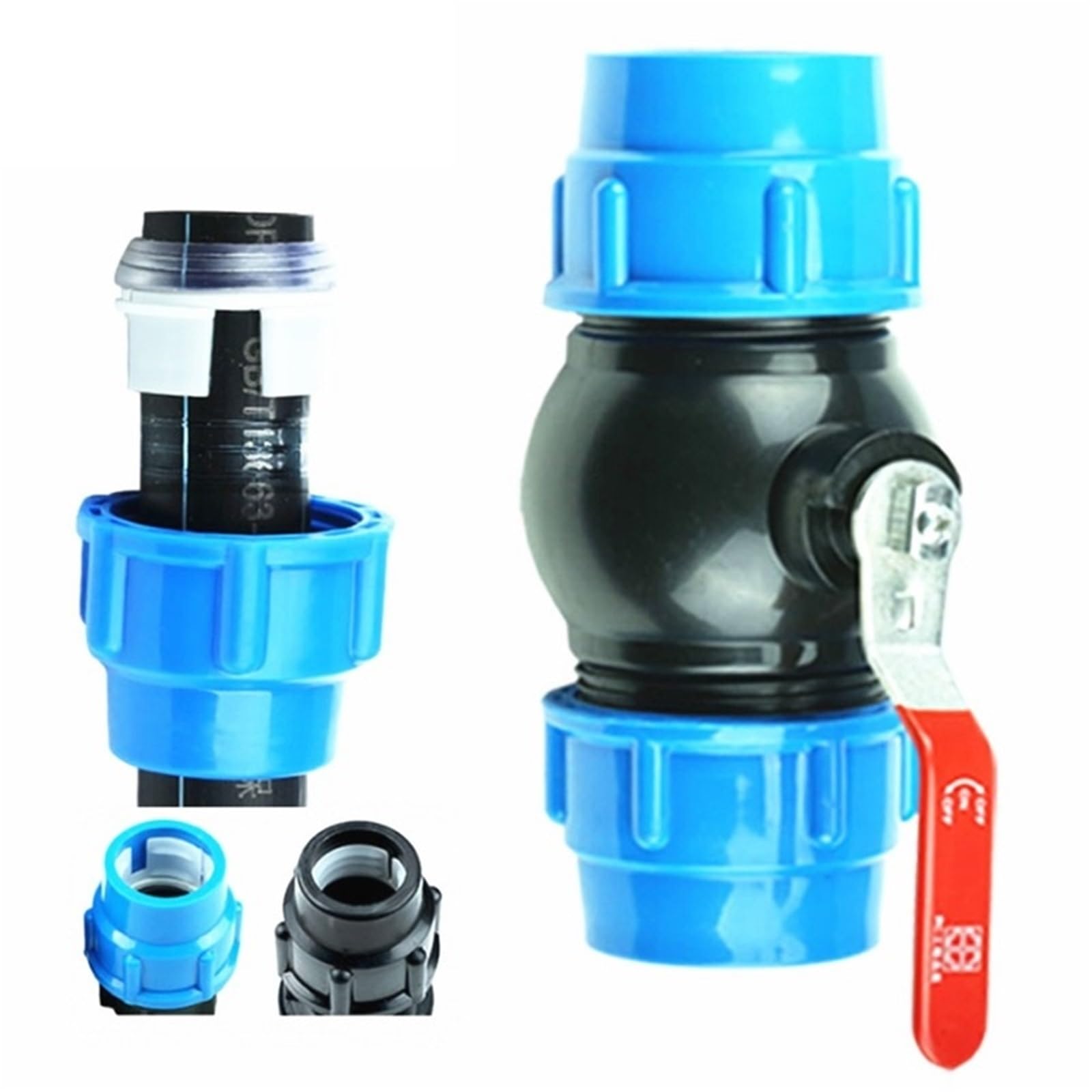 VELORE Conector de válvula de bola rápida de plástico de 20/25/32/40/50 mm, conector de válvula de bola rápida para jardín, agricultura, riego, accesorios de tubería de agua (azul, 63 mm)