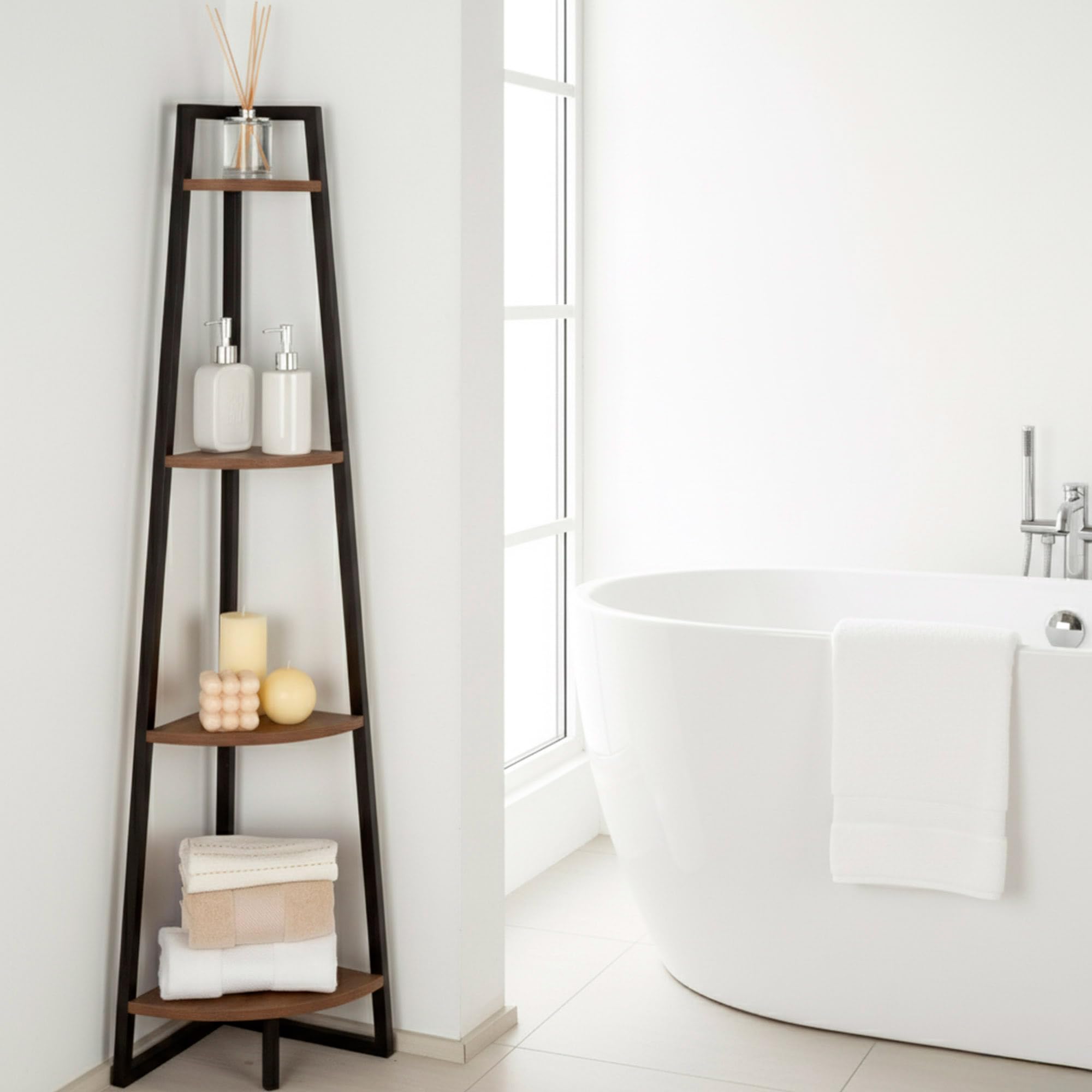 AKTIVE MAX Home Estantería esquinera, 30x30x135 cm, 4 Niveles, Acero, Madera, Fácil Montaje, Almacenaje, Organización, Estanterías Altas, Decoración, Dormitorio, Salón, Baño (18458)