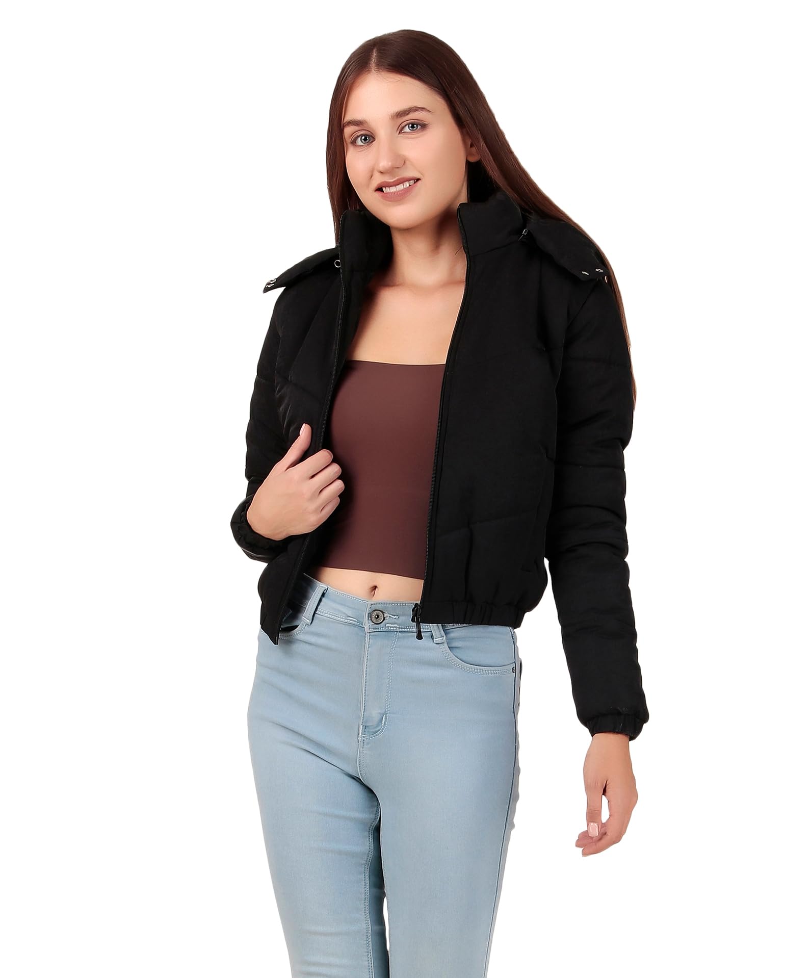 Crop Puffer Jacket for Women, Cropped Design, Insulated, Hooded, Long Sleeves-image-15