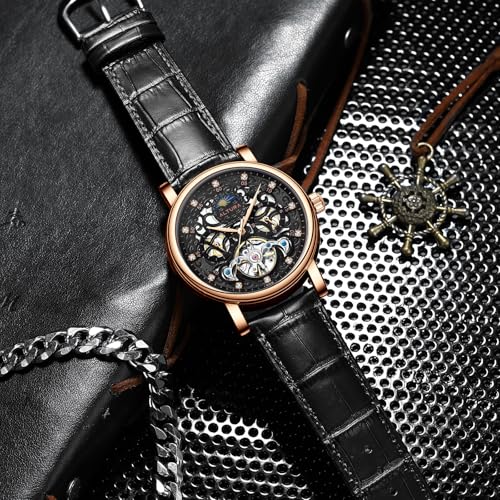 Image of ALTURA Celestial Series Automatic Skeleton Analog Watch For Men|3D Hollow Dial,Diamond Embellishment,Day /Night Subdial,Flywheel,Transparent Back,Leather Strap|Gift For Men