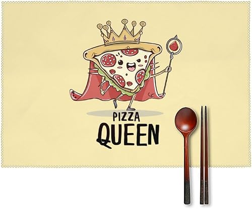 Funny Pizza Queen - Juego de 6 manteles individuales resistentes y lavables para decoración de mesa de cena y fiesta