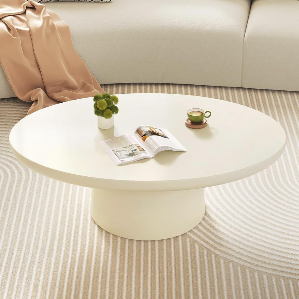 Oval Coffee Table,Unique Minimalist Small Cream White Tea Table with Sturdy Thick Round Pedestal, Modern Aesthetic Indoor Low Center Table for Living
