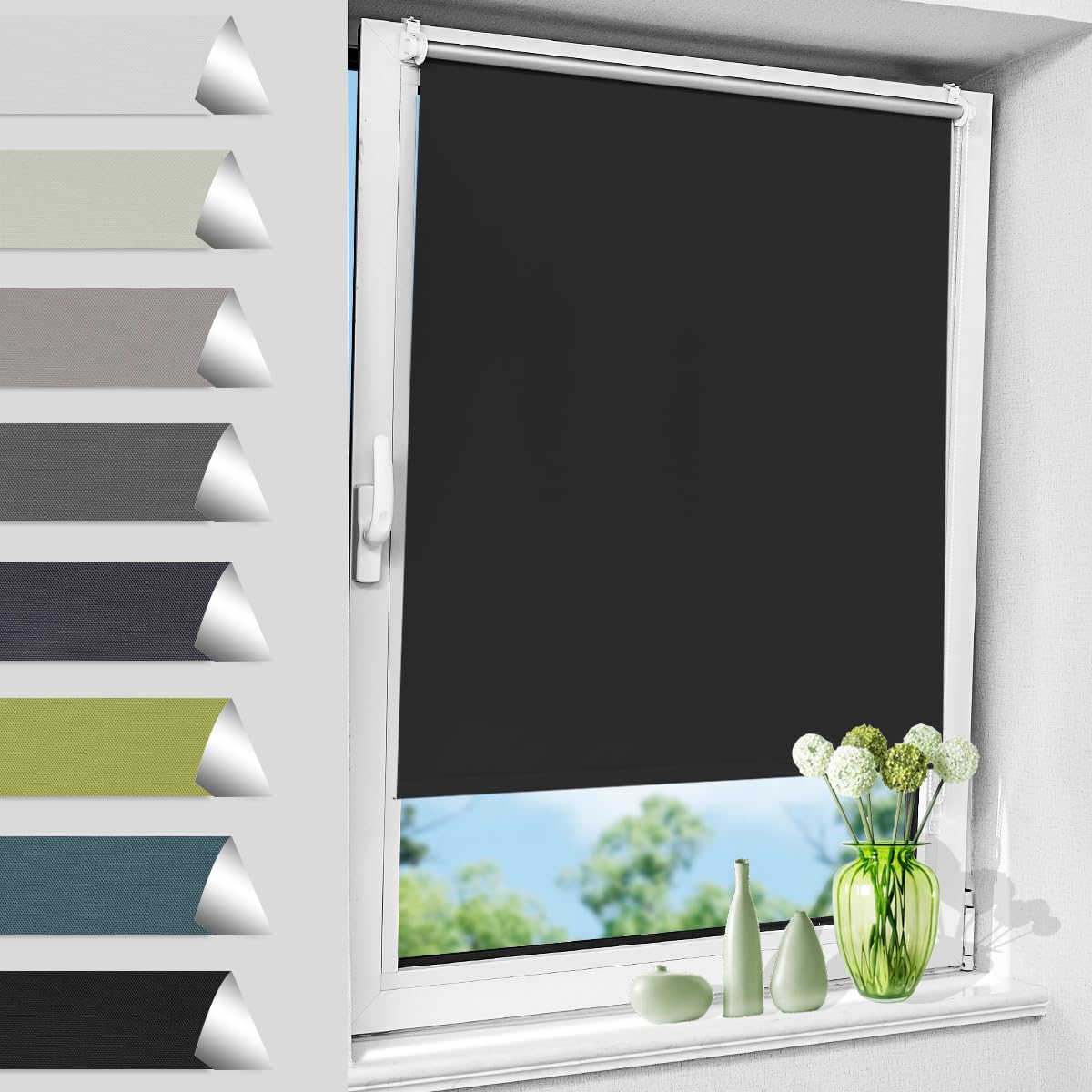 Allesin Verdunklungsrollo ohne Bohren, Schwarz B60 x H230 cm (Stoffbreite 60cm) Thermorollo Klemmfix, Fensterrollo Klemmrollo easyfix Sichtschutz und Sonnenchutz, Seitenzugrollo für Fenster & Tür