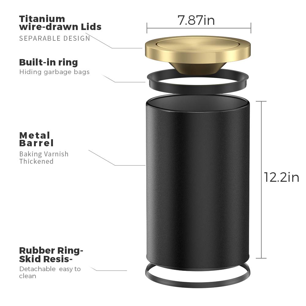 cleaning Small Trash Can with Flipping Lid, 9 L/2.8gallen, Stainless Steel Trash can.for Kitchen, Living Room, Bathroom, Bedroom Garbage can Black and gold