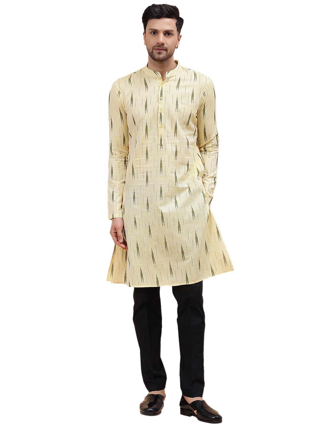 See Designs Men Cream & Green Pure Cotton Printed Staright Kurta With Pajama_Sdkt124002Xxl