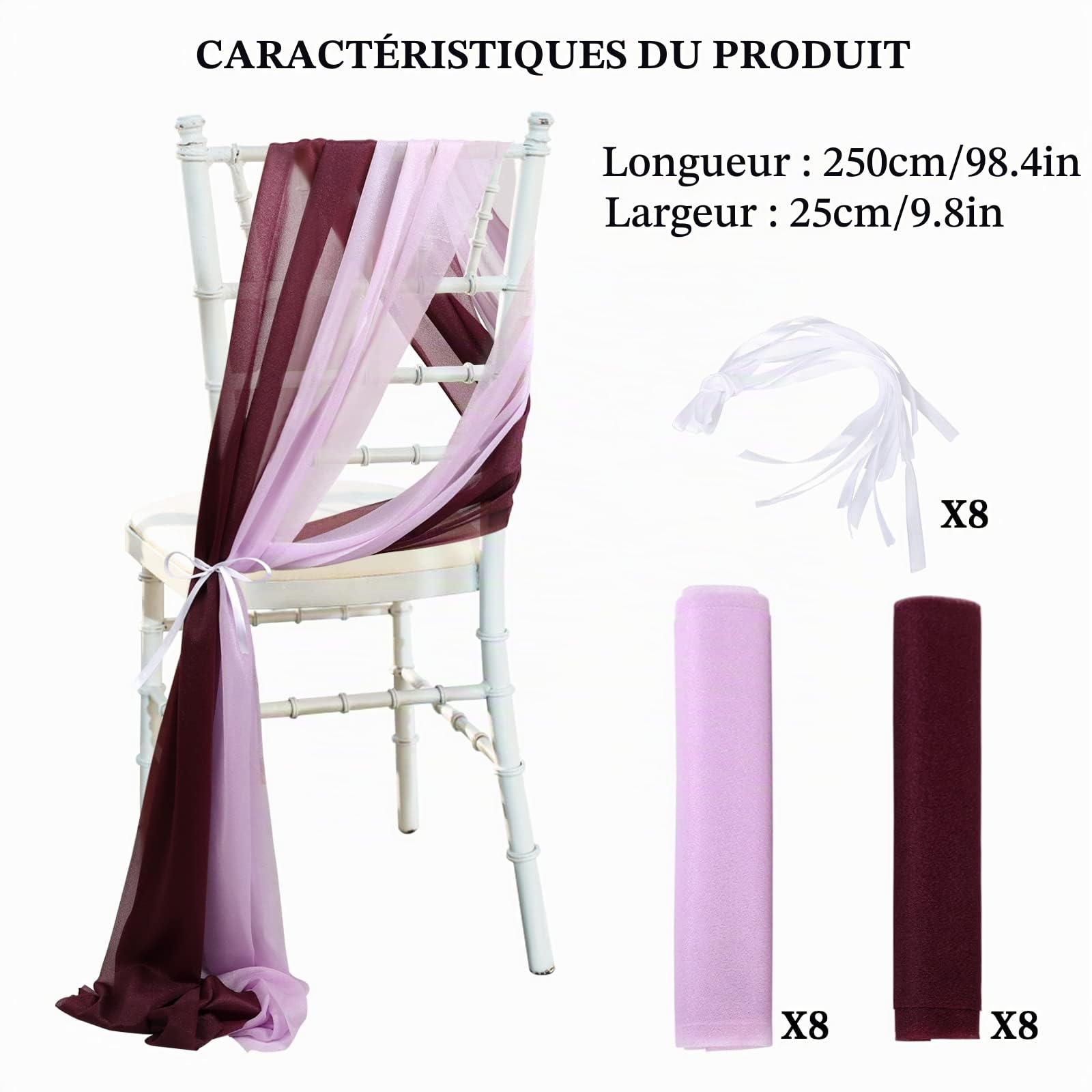 Lot de 16 Décorations d'Allée de Mariage 2,5 m - Rideaux de Chaise pour Cérémonie, Fête - Rose Poudré et Mauve