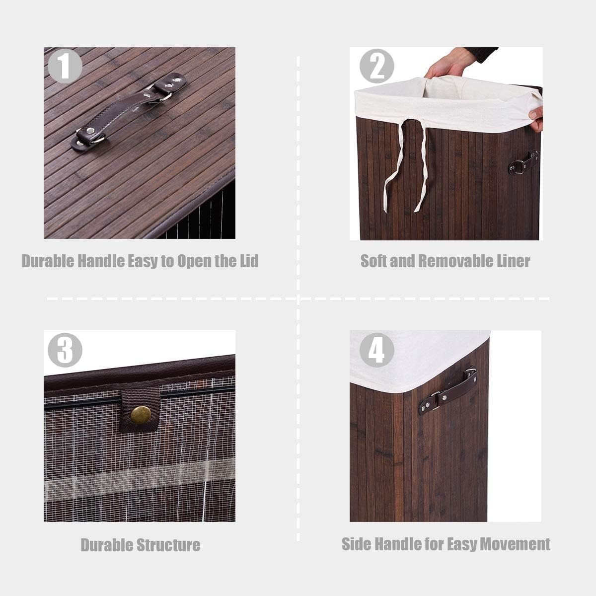 Nightcore Bamboo Laundry Hamper Portable, Collapsible Laundry Hamper with Lid, Clothes Hamper with Removable Liner & Handles, Dirty Clothes Toys Storage Bin for Laundry Room, Bathroom (Brown)