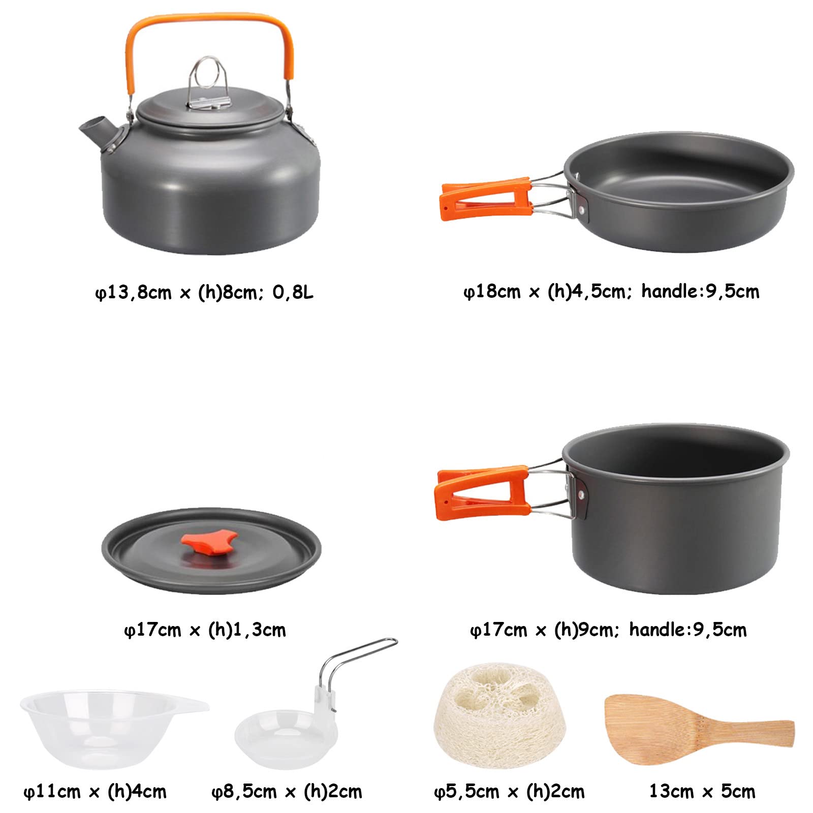 Set de Ollas Camping 2-3 Personas Kit de Utensilios de Cocina de Camping Aluminio Ollas y Sartenes para Acampar 10 PCS Cocina Portátil para Camping Senderismo Acampada al Aire Libre (Naranja)