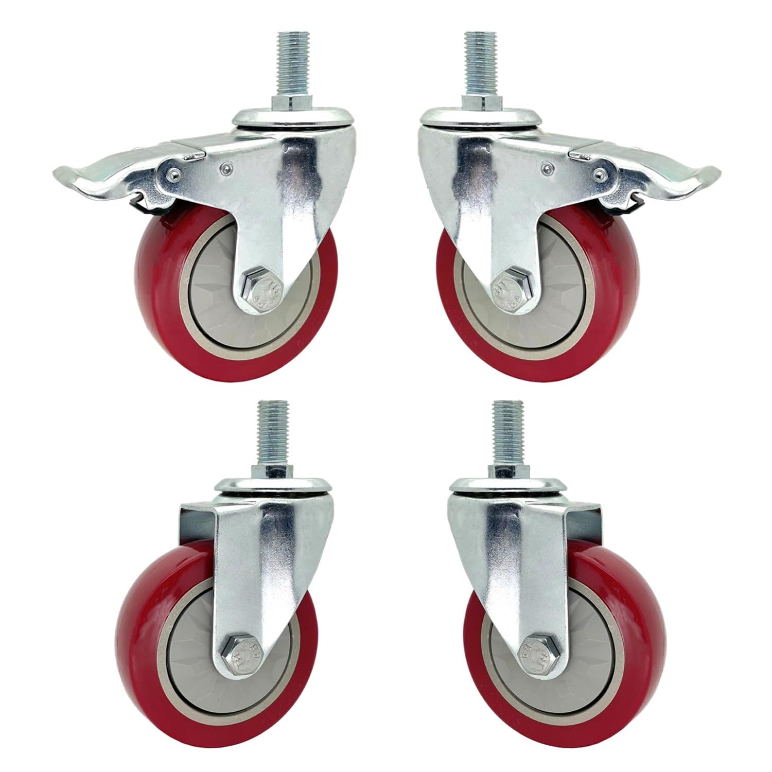 roulettes Pivotantes Charge Lourde en PU de 125mm, roulettes à Tige Filetée M14/M16/M20, avec Frein, Charge par Roue 150kg, Lot de 4(2 Swivel+2 Brake,M20*30mm)
