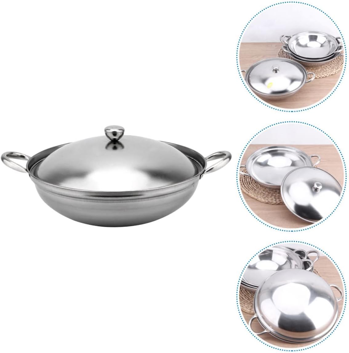 Stainless Steel Pan Paella Cooking Pan Wok Casserole Pot Cooking Wok with Lid: 2 Wok Pan