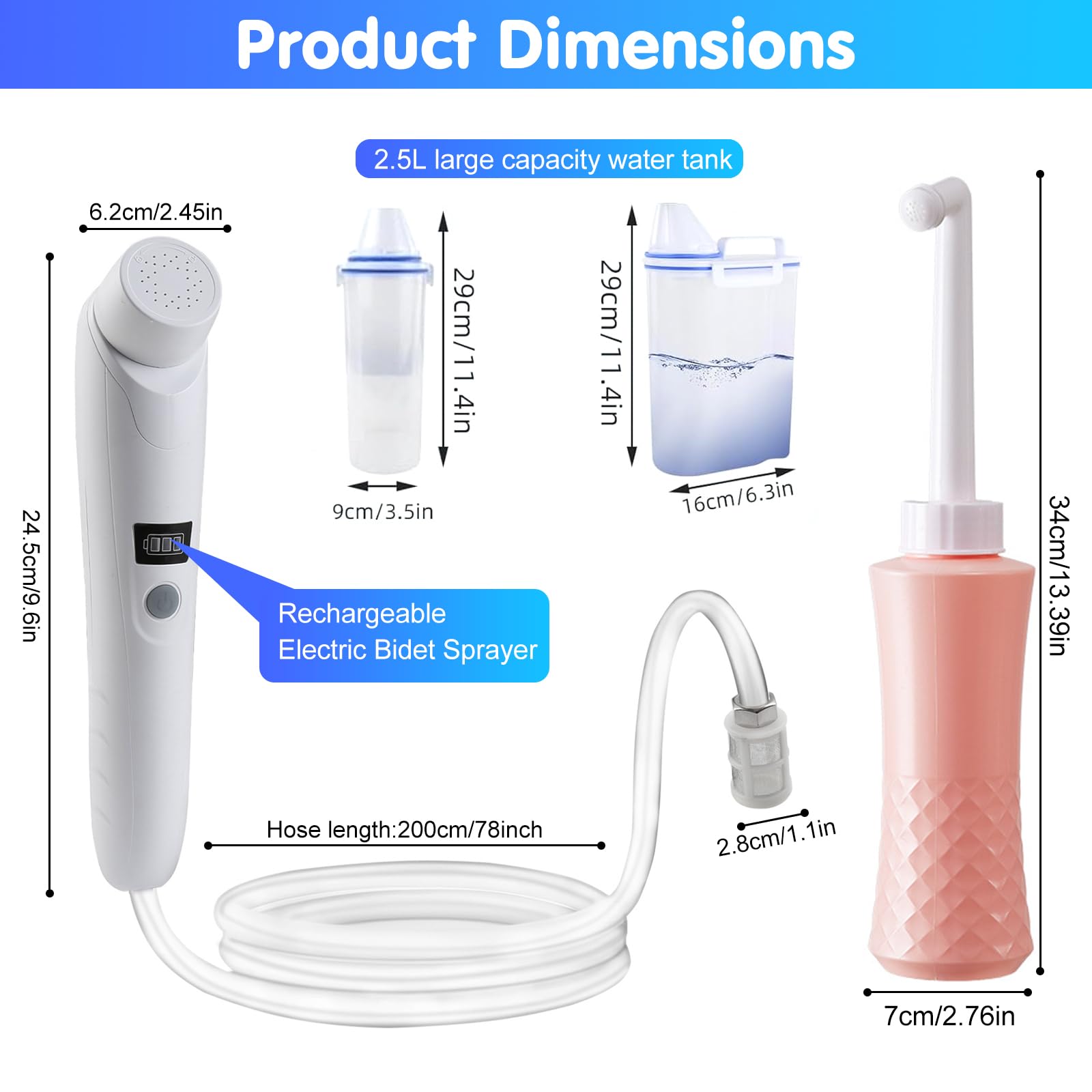 Set bidet portatile da viaggio, bidet elettrico ricaricabile con serbatoio dell'acqua da 2,5 l e bottiglia da spremere Momwasher Peri, doccia musulmana, WC da campeggio all'aperto, igiene personale e