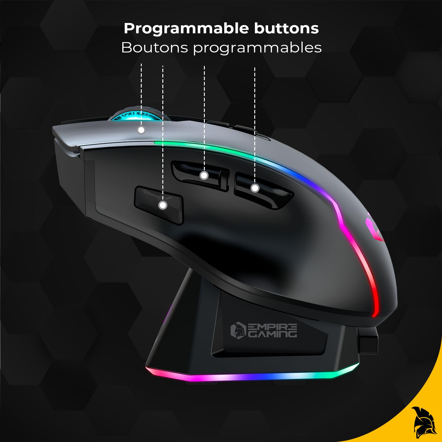 EMPIRE GAMING RF908 - Souris Gamers sans Fil Rechargeable avec Station de Recharge Magnétique RGB - 10000 DPI 8 Boutons Programmables Modes WiFi 2.4GHz / BT/Filaire Via USB-C (Noir)