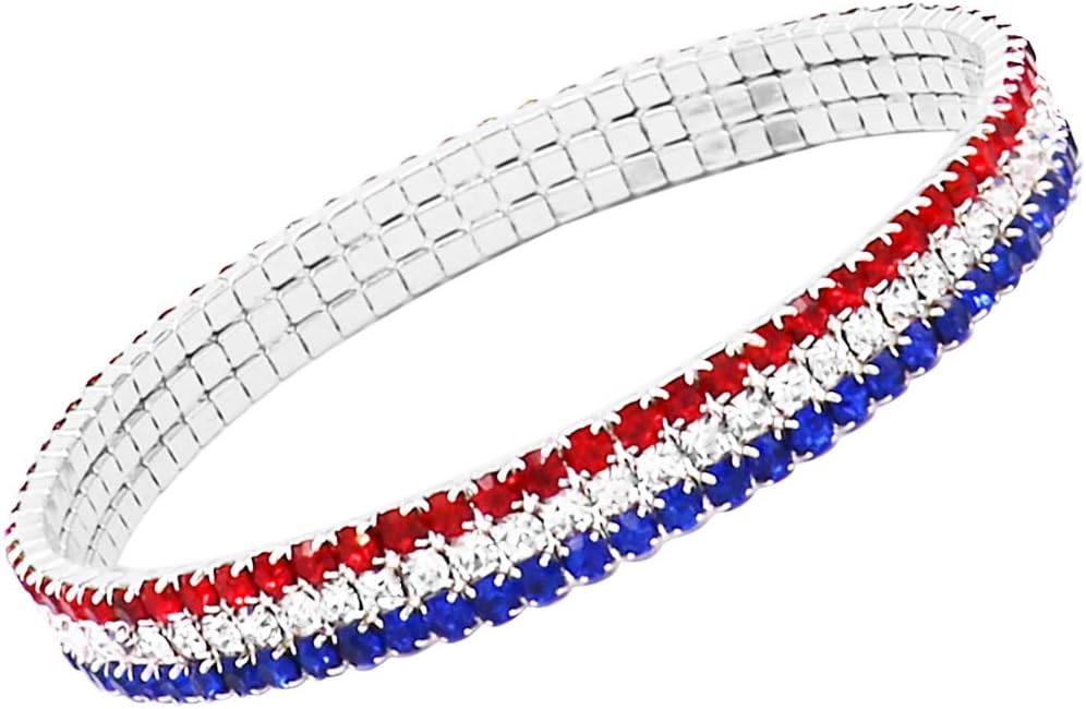 Rosemarie Collections Women's July 4th Red White And Blue Patriotic Statement USA Rhinestone Crystal Stretch Bracelet