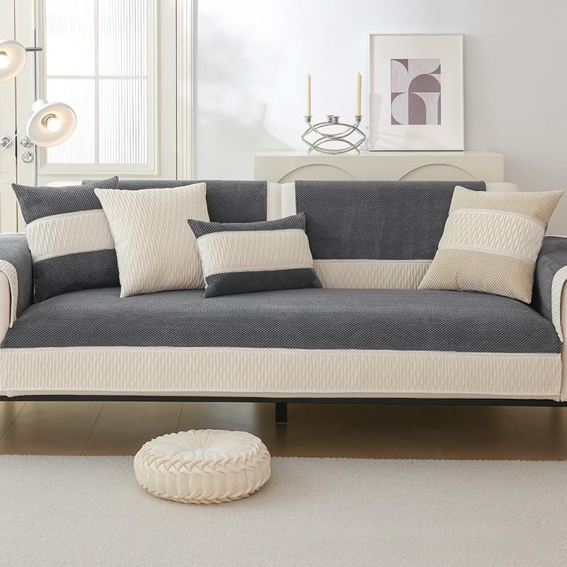 Housse de canapé antidérapante patchwork en velours côtelé gris foncé 110x210cm
