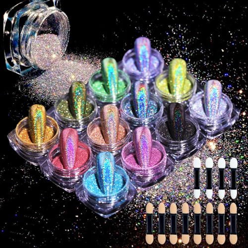 MKNZOME 12 Jars Holographic Nail Powder, Chrome Nail Powder Kit Black Blue Ultra Fine Glitter Powder Set, Rainbow Neon Pigment Manicure Glitter Dust with 12 Pcs Dual Sides Sponge Applicators