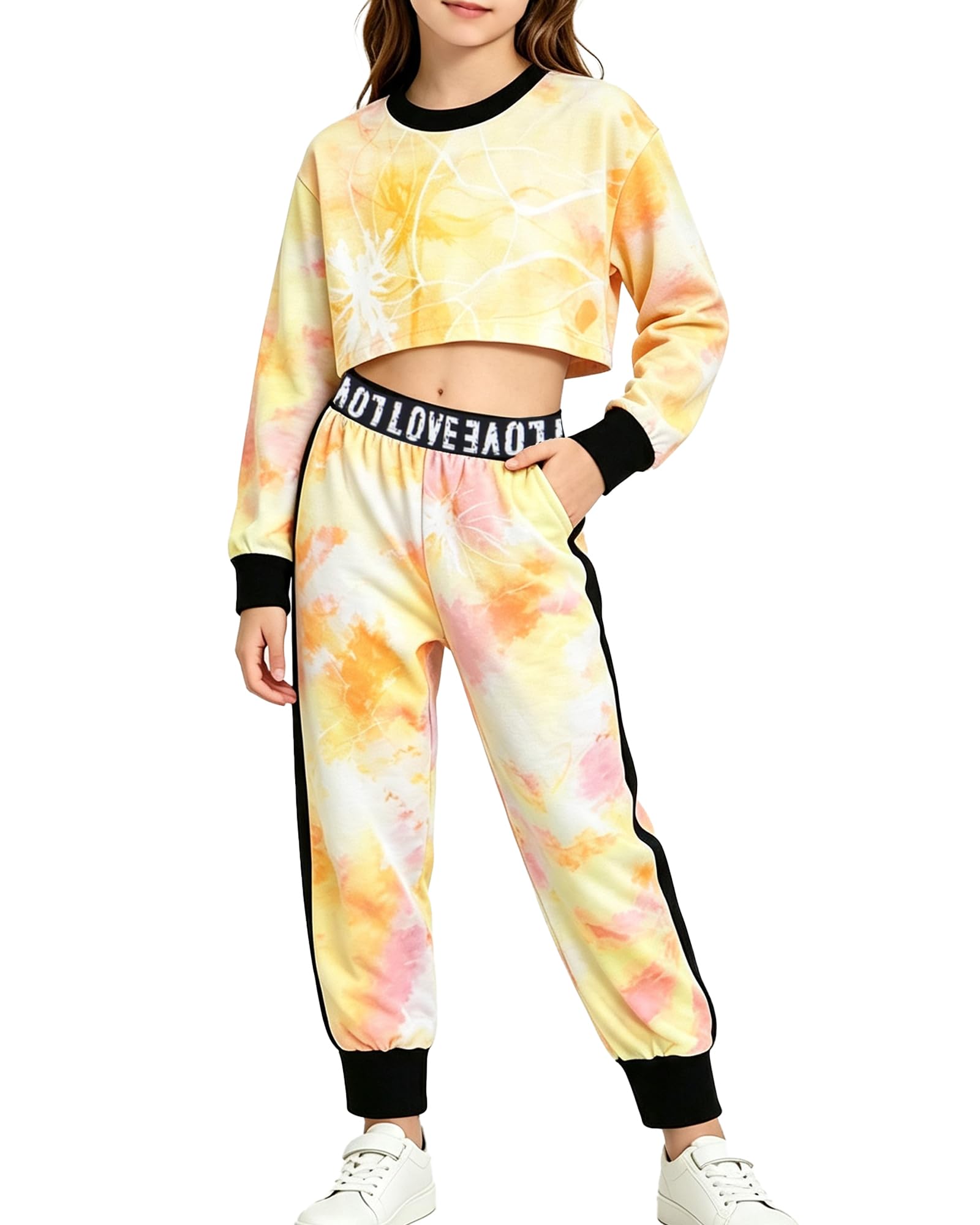 Betusline Girls Sweatsuit, Long Sleeve Crop Top Jogger Pants, 4T-14Y
