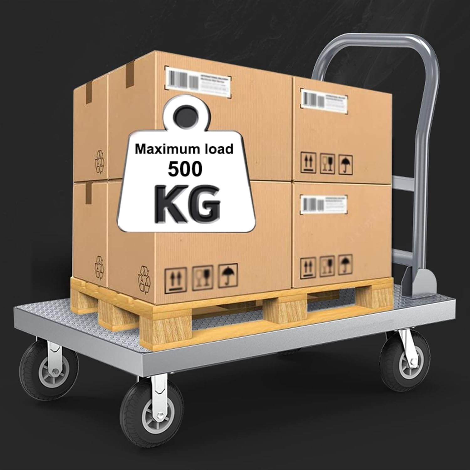 Handwagen mit klappbarer Stahlplattform, Schubkarre, faltbar, robust, rutschfest, maximale Tragkraft 600 kg, mit 4 Rädern