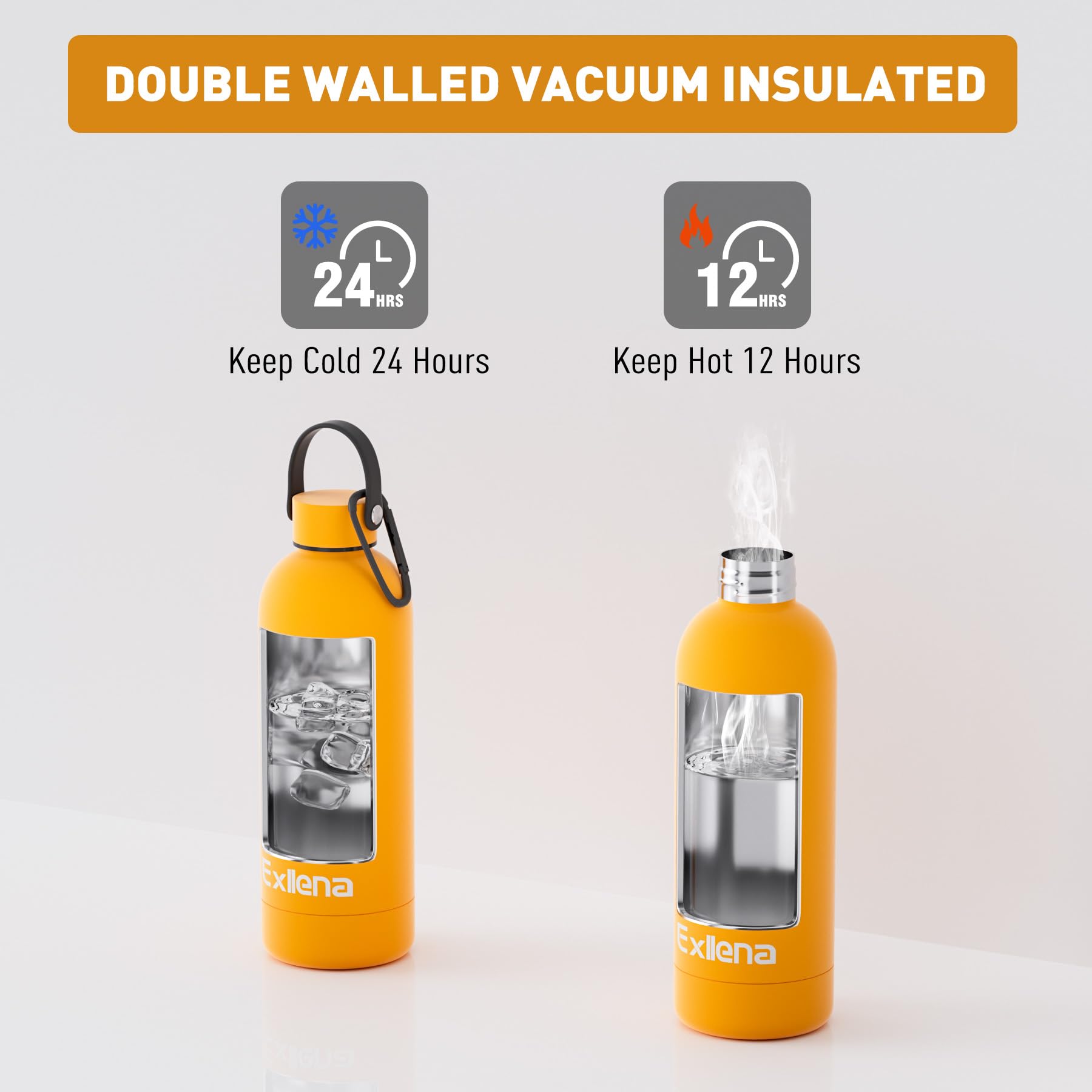 Exllena Borraccia Termica 500 ml con Maniglia e Moschettone - Borraccia 500 ml Mantenere Calore/Freddo - Senza BPA - 100% A Tenuta Stagna per Escursioni, Campeggio, Viaggi...(Mango)