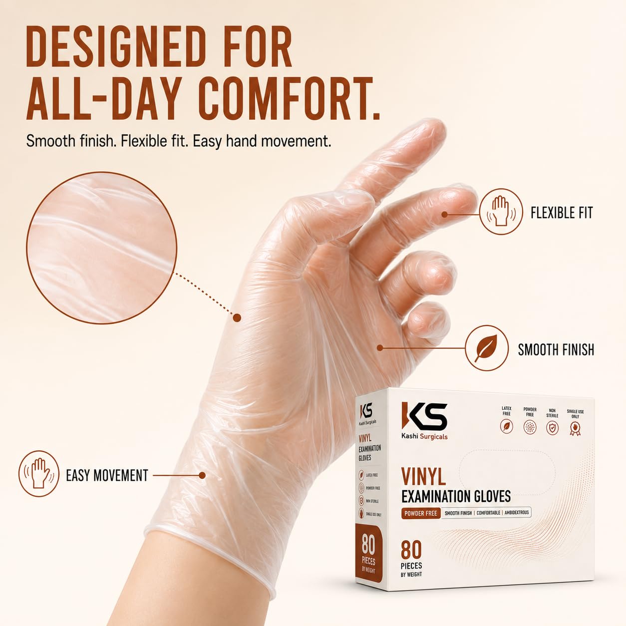 Kashi Surgicals Powder Free Blended Medical Examination Disposable Gloves, Food Grade (Latex Free Rubber, White Clear, Box Of 80) (Large), Pack of 1 2