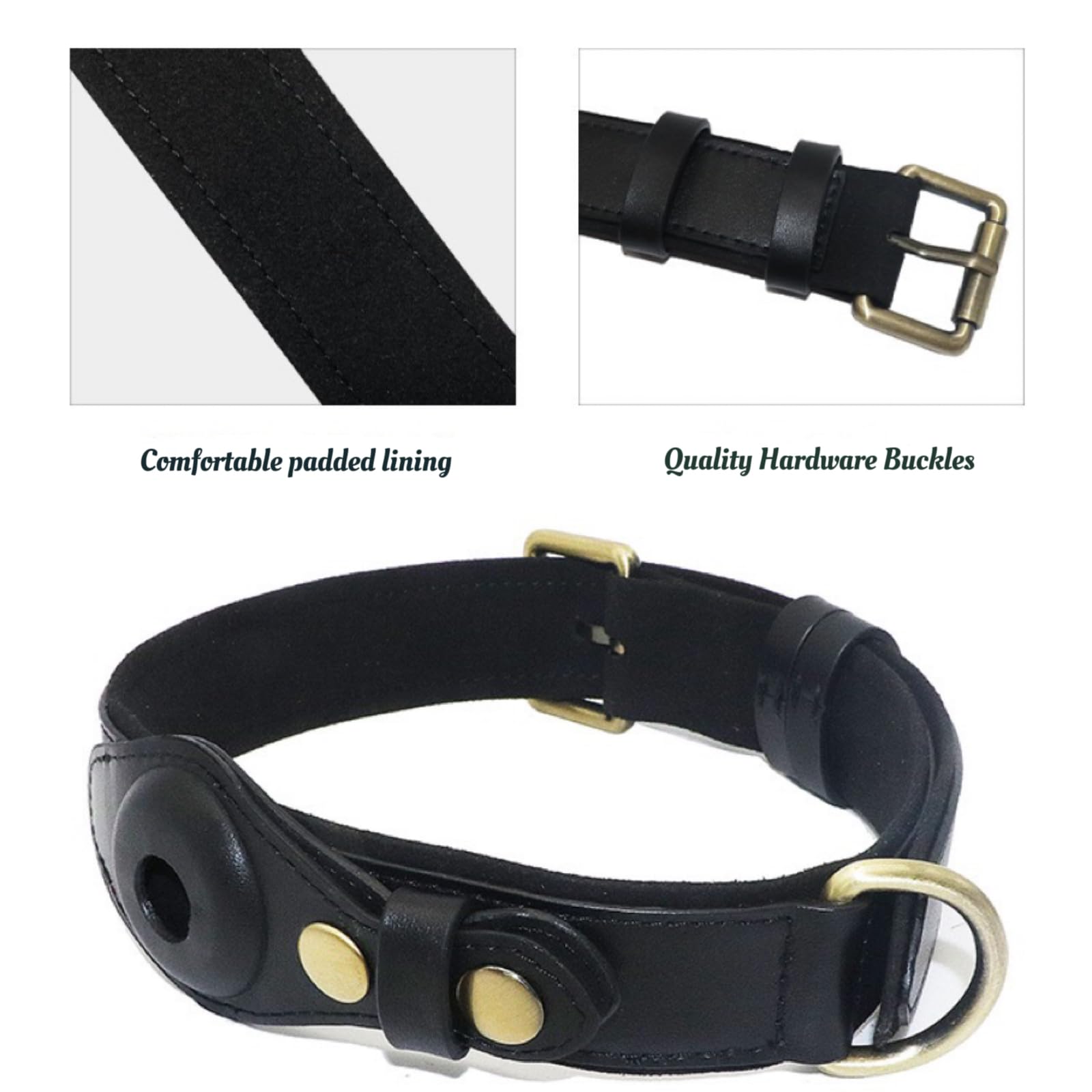 Collier pour Chien airtag Collier pour Chien en Cuir avec Rembourrage Doux Réglable pour éviter la Perte du Collier pour Petits Moyens et Grands Chiens(Noir,L)