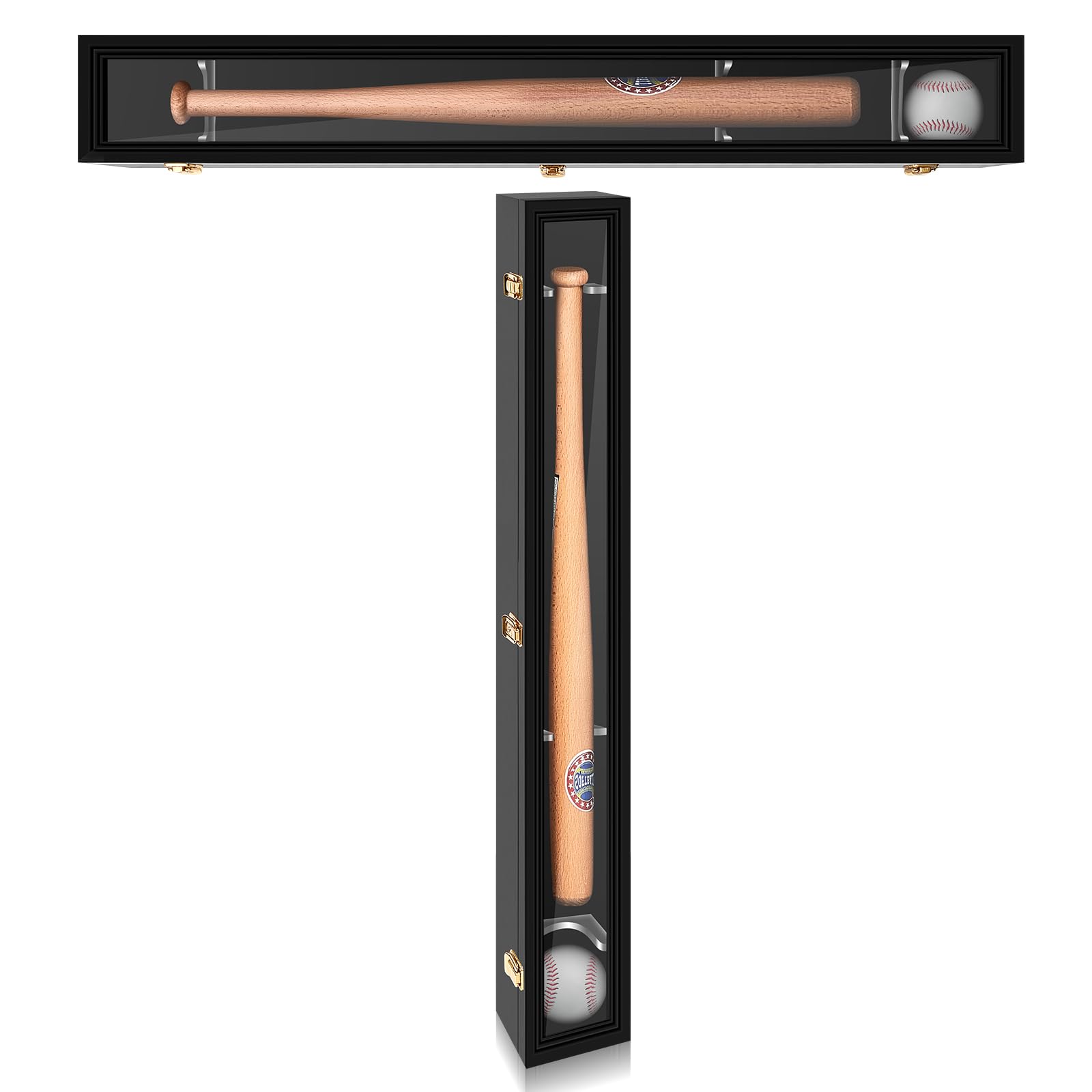 Baseball Bat Display Case with Wood Frame and Transparent Acrylic Door Wooden Wall Display Case with Lock Vertical Horizontal Baseball Bat Holder Shadow Box Uv Protection Lock, Black(Simple Style)