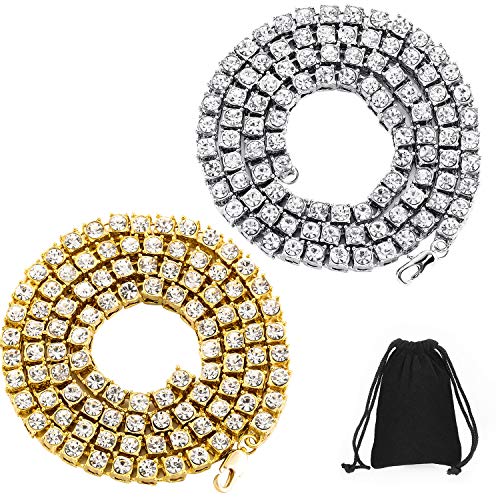 2 Pieces Gold Plated Hip Hop Tennis Chain 24 Inch Unisex Artificial Diamond Tennis Necklace Silver and Gold Tennis Chain (Tennis Necklace)