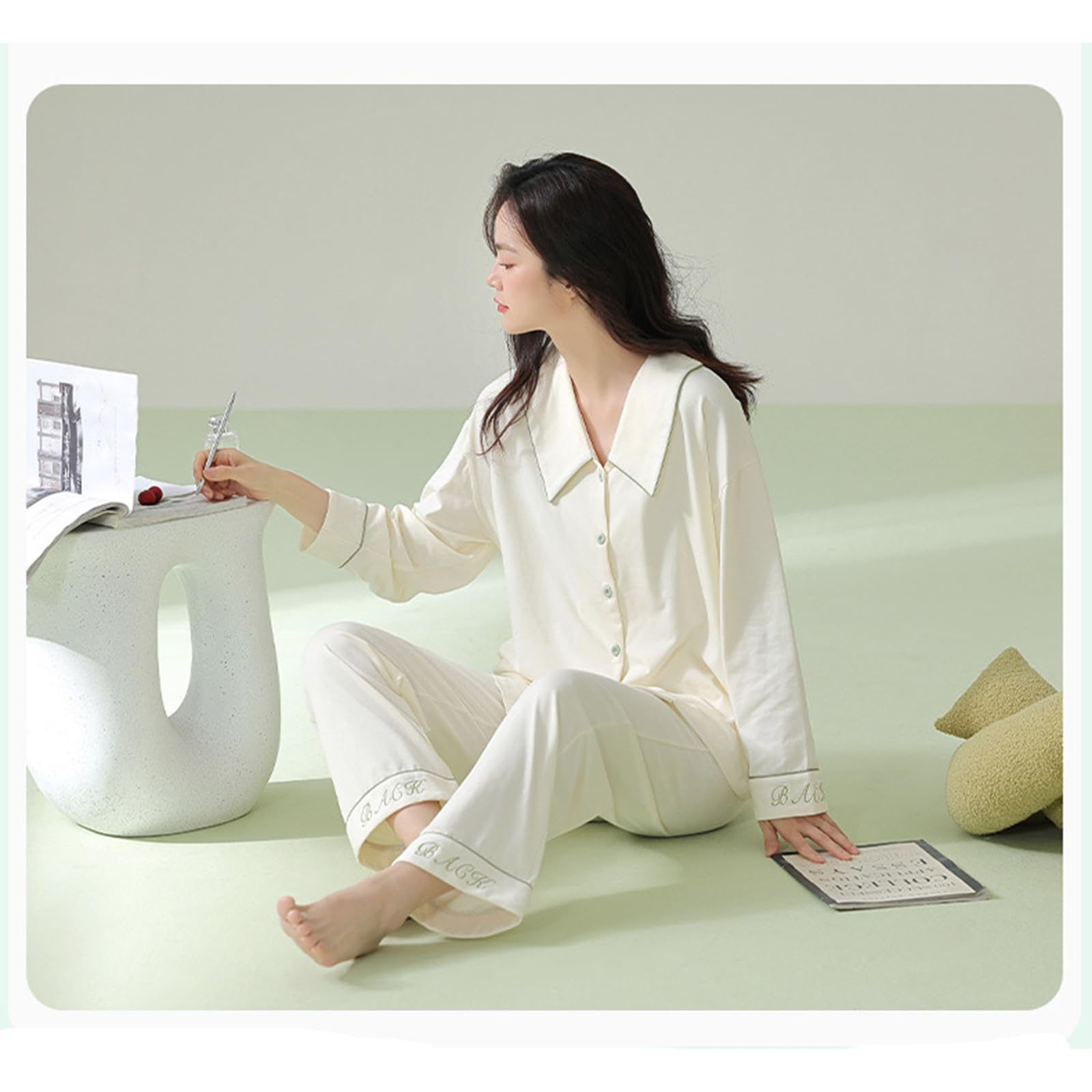 Conjuntos de Pijamas de Mujer Traje de Pijama de Manga Larga de algodón Ropa de Dormir de 2 Piezas Súper Suave Cómodo con Botones Conjunto de Dormir Ropa de Estar por casa
