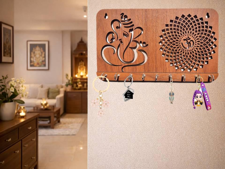 Porte-clés en bois mural Ganesha suspendu avec support clés Om et Chakra
