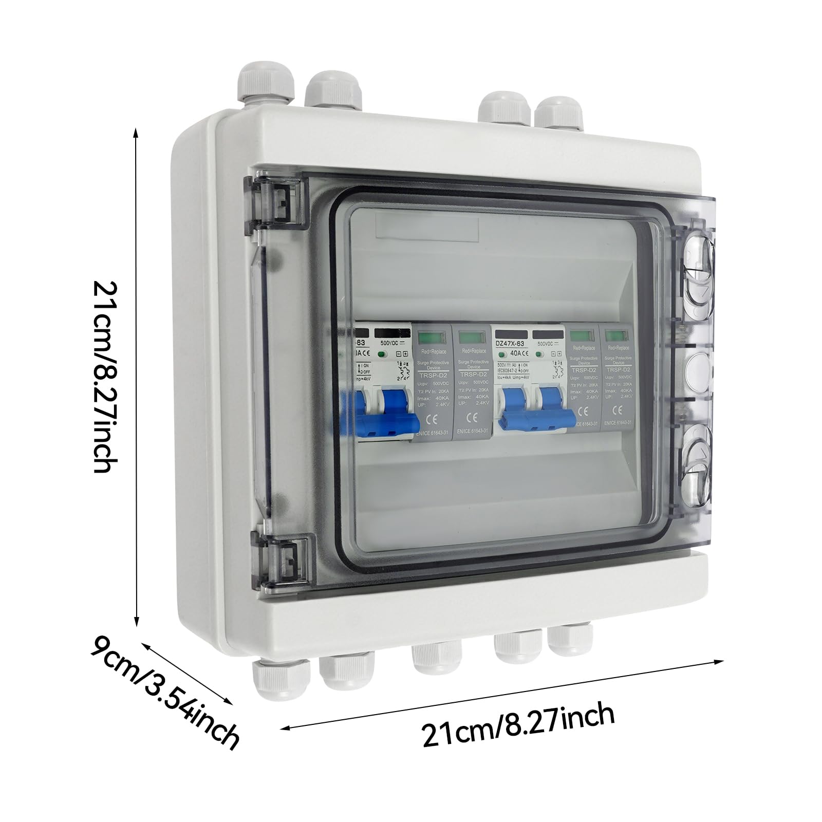 Boîte de jonction solaire DC 2 cordes (2 en 2 sorties), interrupteur de séparation CC 40 A 500 V - Boîtier de jonction solaire PV étanche IP65 pour système solaire PV
