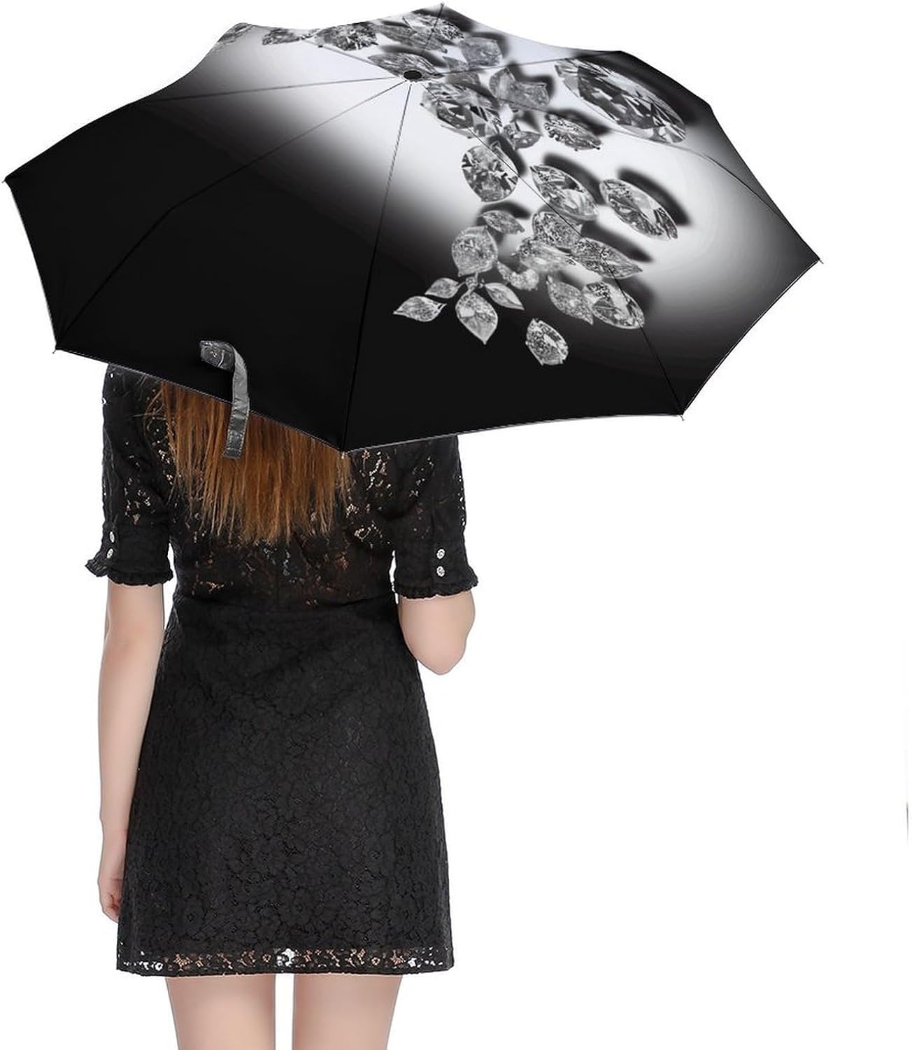 Diamond Jewelry Jewels Luxury Windproof Travel Umbrella, One-Click Automatic Open And Close, Portable Compact Folding Umbrella for Women Men, Fits Backpack & Car