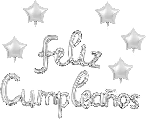 Miniatura 10 de Cartel de globos de Feliz Cumpleanos con 5 globos de estrella, telón de fondo temático de fiesta para niños y adultos, dorado