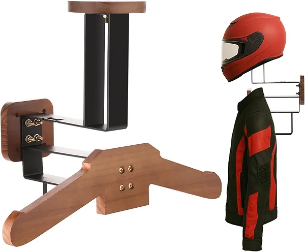 zackal Motorcycle Helmet Holder with Jacket Hanger, Tactical Gear Rack, Wall Mount, Solid Wood, Athletic Equipment Display and Organizer for Bike, Football, Skiing