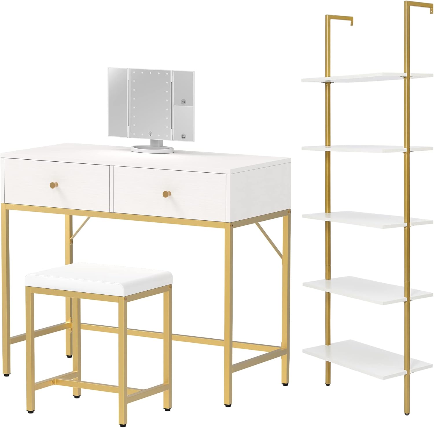 SUPERJARE Vanity Desk, Makeup Vanity with Stool & Trifold