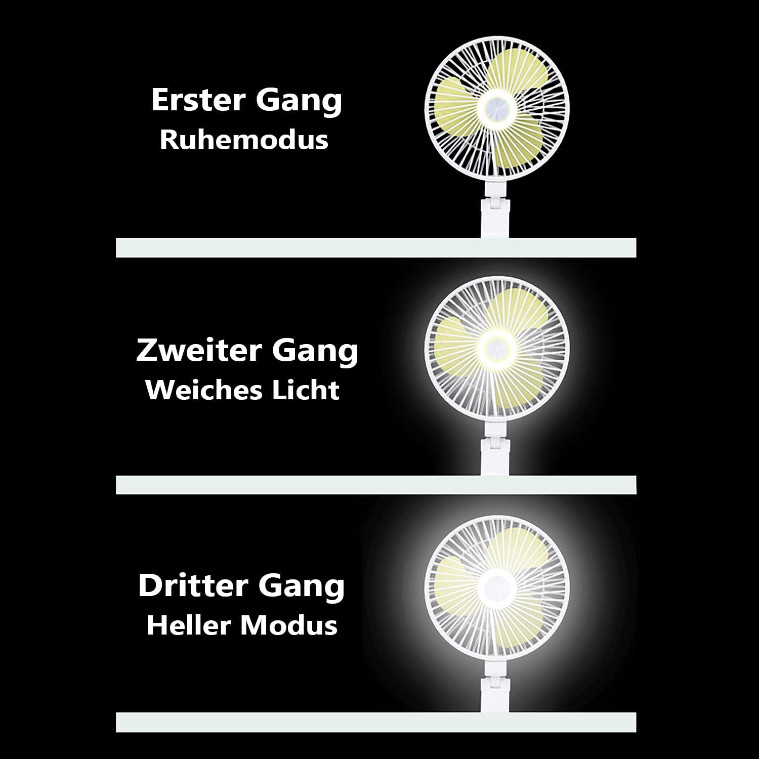 gOfun Table fan with lamp, portable and foldable table fan, quiet rechargeable USB, table fan