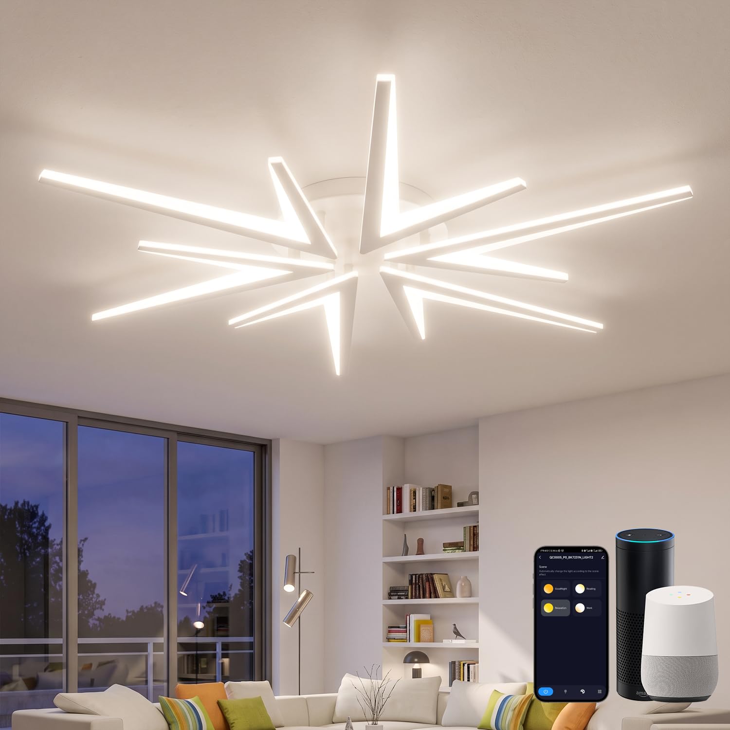 Lanmorn Smart LED Ceiling Light 92cm, Alexa Compatible WiFi Lighting Fitting 55W 5000LM, Modern Dimmable Flush Mount Chandelier with App & Remote Control for Living Room Bedroom
