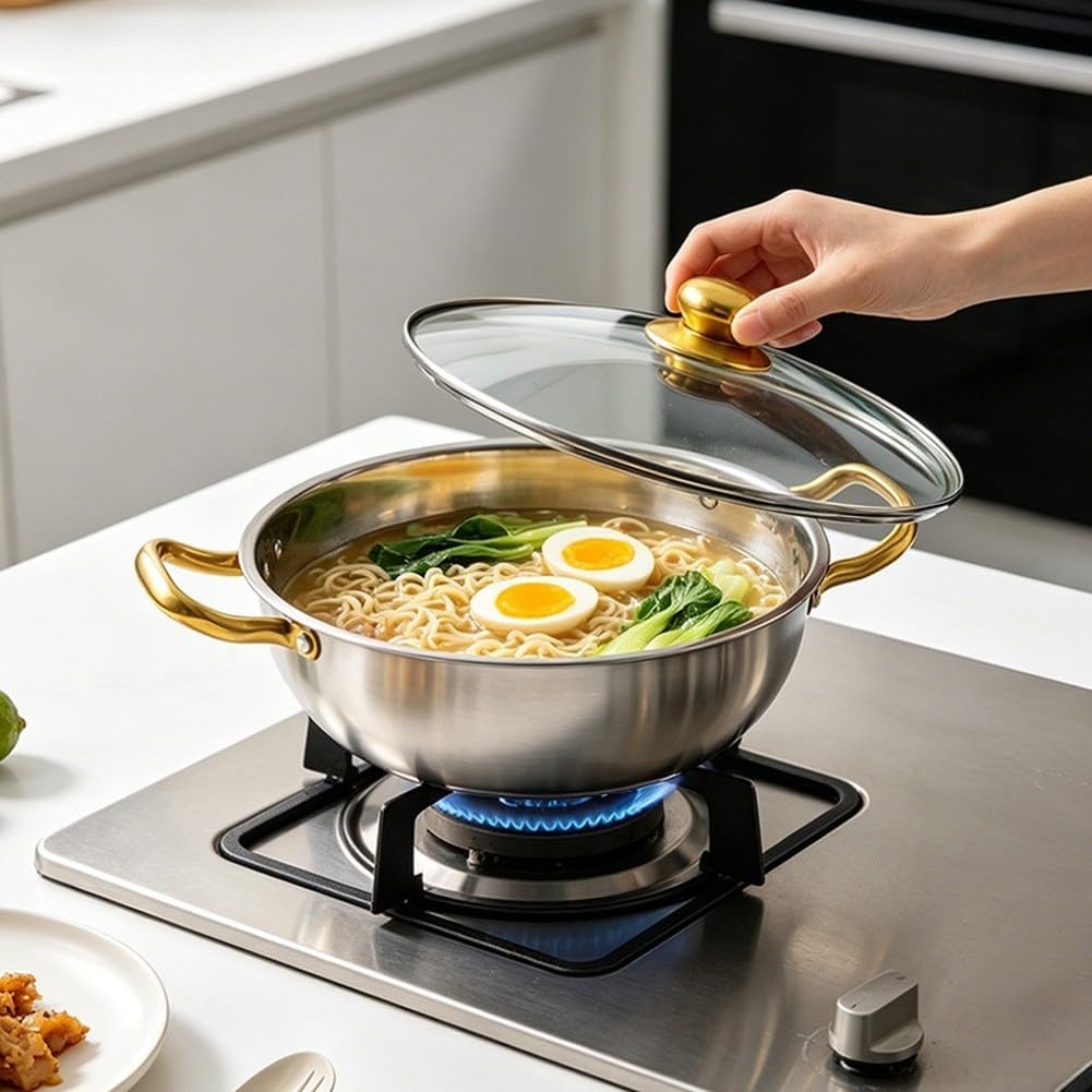 Set di pentole non wok in acciaio inox 201 con coperchio in vetro, per fornelli elettrici a induzione, finitura dorata, doppi manici (40 x 9,5 cm)