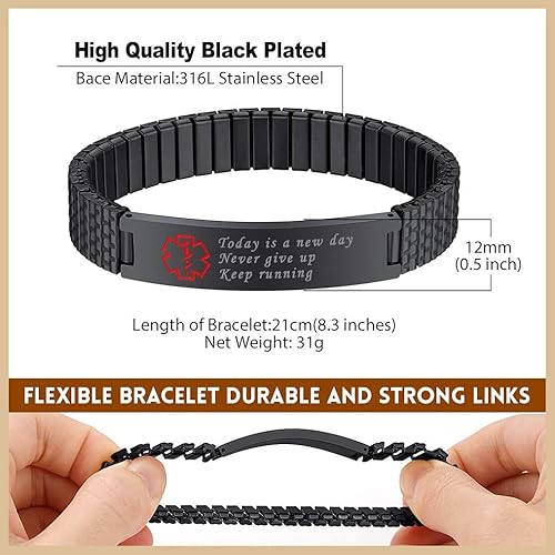 Miniatura 5 de Bandmax Pulsera de alerta médica de acero inoxidable personalizada con identificación de emergencia elástica para diabéticos, joyería de alerta