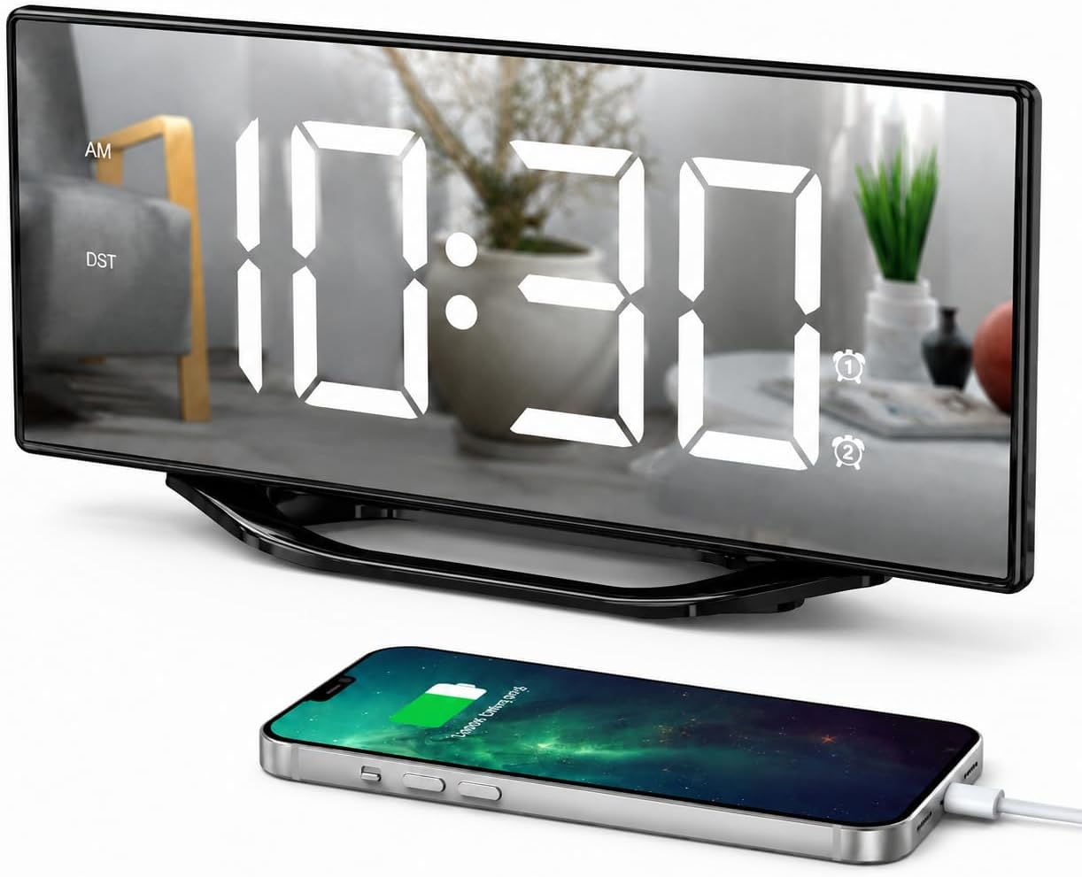 PPLEE Large Digital Alarm Clock for Bedroom, 8.7" LED Mirror Display with Big Numbers, Dual Alarms, USB Charging Port, Auto Dimmer, Adjustable Volume, Snooze Clock for Heavy Sleepers and Seniors