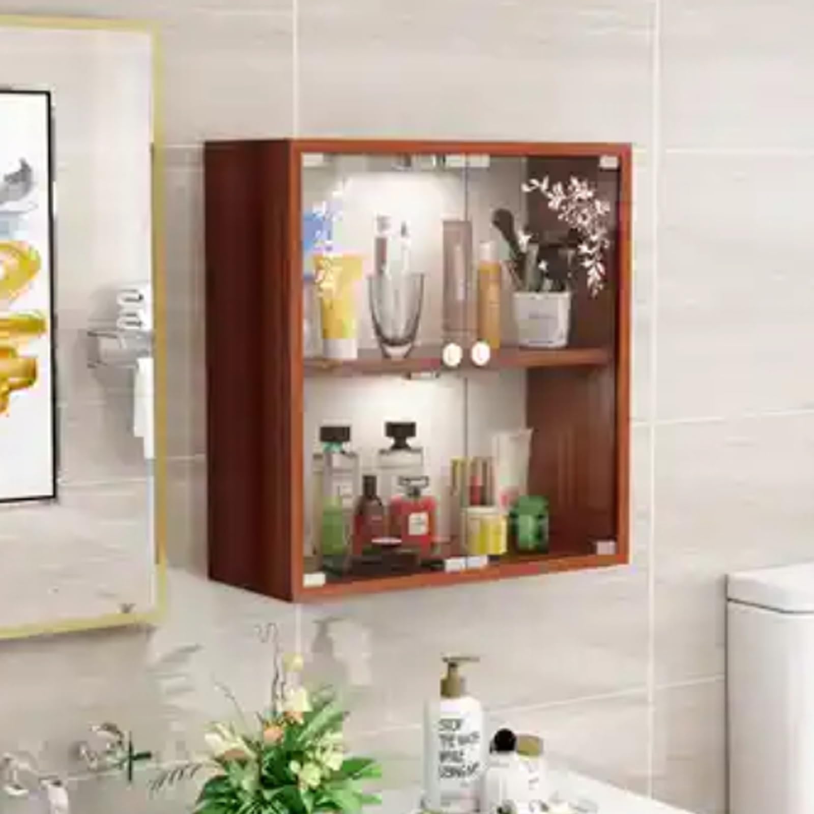Armoire murale en teck à 3 niveaux : rangement vitré compact avec lumière