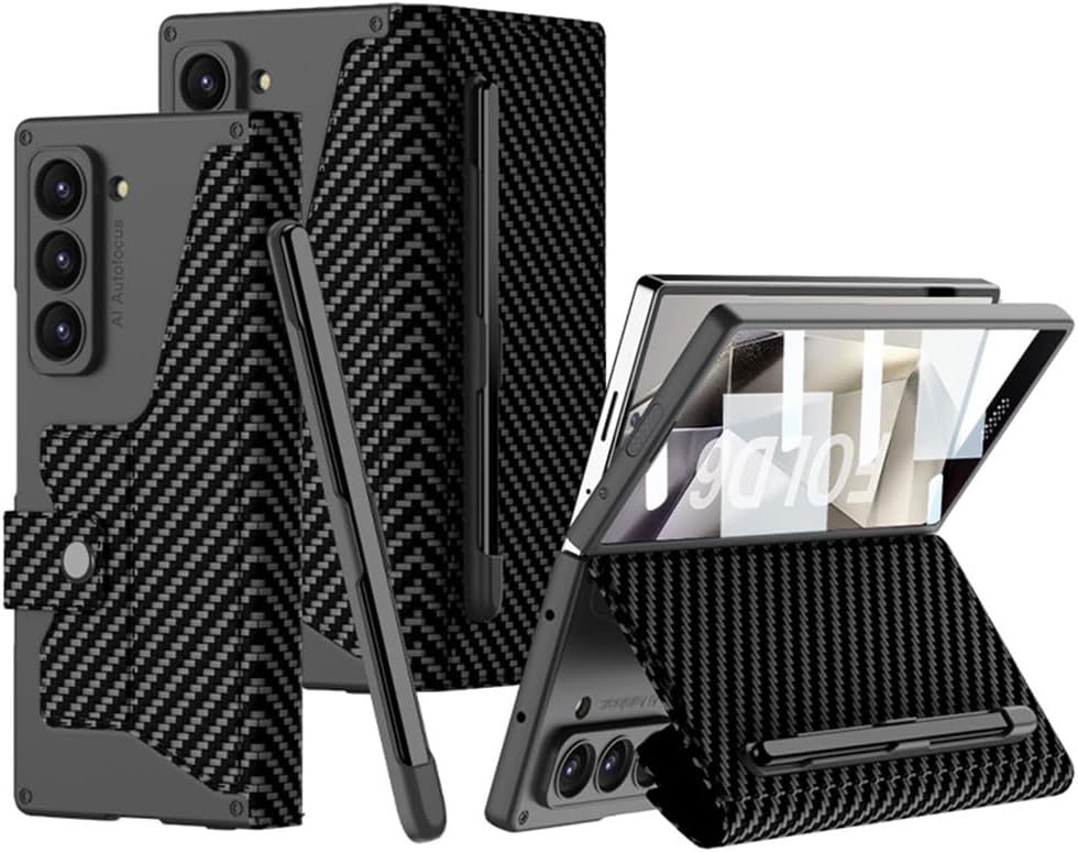 SHIEID Galaxy Z Fold 6 Case with S Pen Holder Genuine Leather Wallet Cover with Detachable Pen Slot, Card Holder, Kickstand, and Screen Protector for Samsung Z Fold 6 Phone Case, Carbon Fiber Texture
