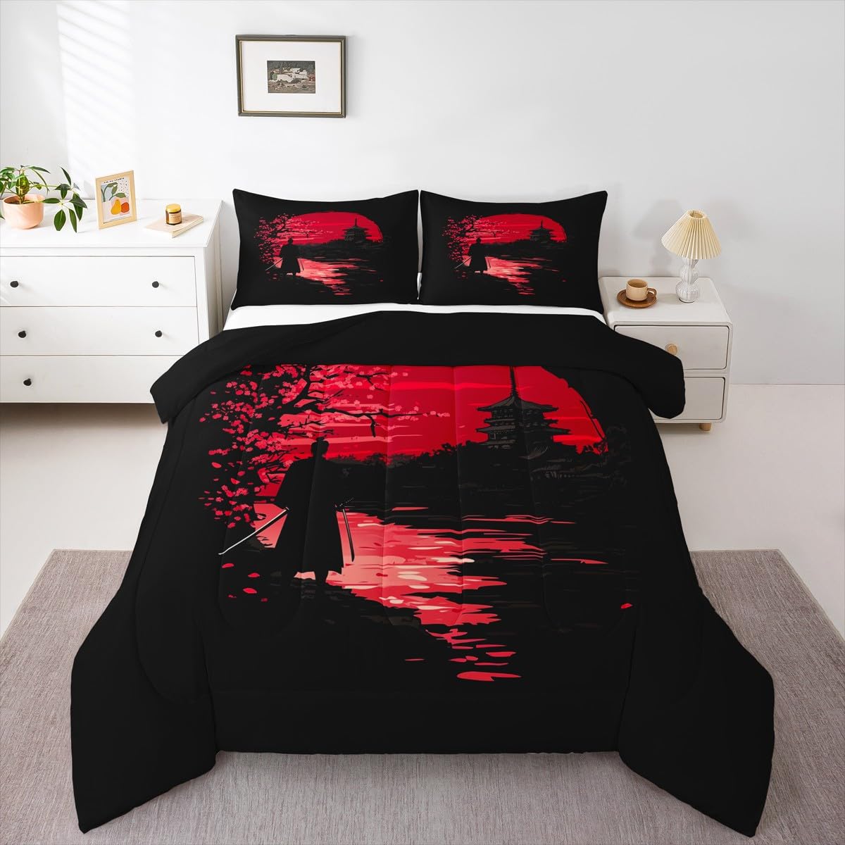 Erosebridal Samurai Comforter Set, Sunset Bedding Set, Japanese Samurai Warm Soft Down Comforter, Scenery Silhouette Bedroom Decor 2Pcs Duvet Set for Men Boys Teens, Twin Size