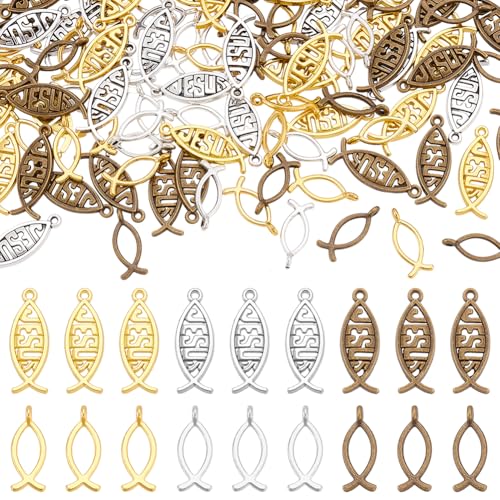 HOBBIESAY 120Pcs 6 Styles Jesus Fish Charms Tibetan Style Fishes