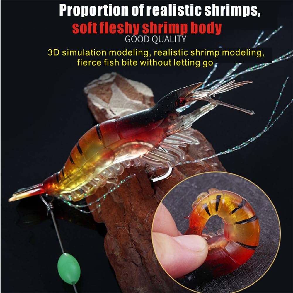 Cebos de pesca, Camarones luminosos artificiales,Señuelo de pesca luminoso,con anzuelo afilado,Señuelo de silicona suave,Gancho afilado for aparejos de camarones,Juego de cebo suave de silicona artifi
