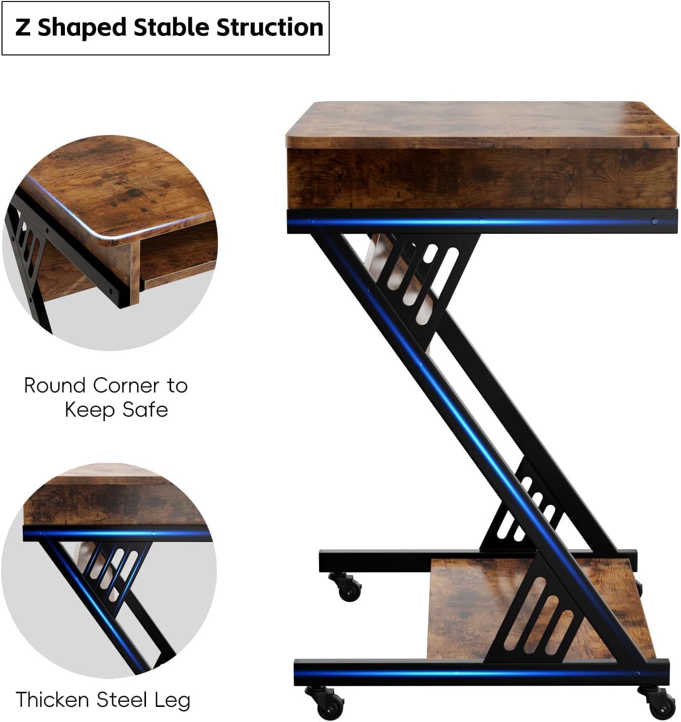 Computer Desk with Keyboard Tray, 23.6 inch Rolling Small Desk with Wheels, Computer Cart with Storage, Mobile Desk Z Shaped for PC, Home Office, Brown