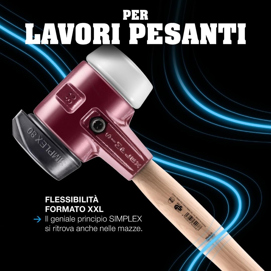 SIMPLEX 3028.261 - Martello in gomma con piedistallo/nylon, con corpo in ghisa malleabile e manico in hickory, diametro 60 mm